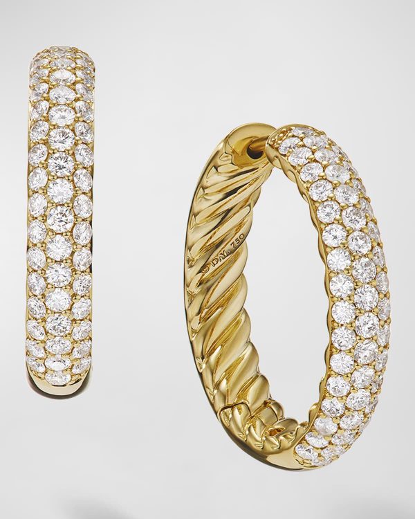 Sculpted Cable Hoop Earrings with Diamonds in 18K Gold, 5mm, 1"L- sku221070137