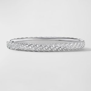Sculpted Cable Bracelet with Diamonds in 18K White Gold, 6mm, Size L- sku221390156
