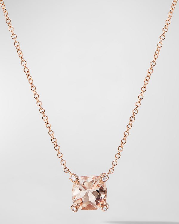 Petite Chatelaine Pendant Necklace with Morganite and Diamonds in 18K Rose Gold, 7mm, 18"L- sku223040530
