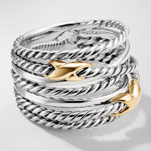 Double X Crossover Ring in Silver with 18K Gold, 13mm, Size 10- sku223050173