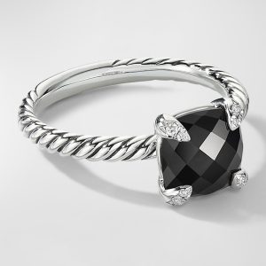 Chatelaine Ring with Black Onyx and Diamonds in Silver, 8mm, Size 10- sku223051074