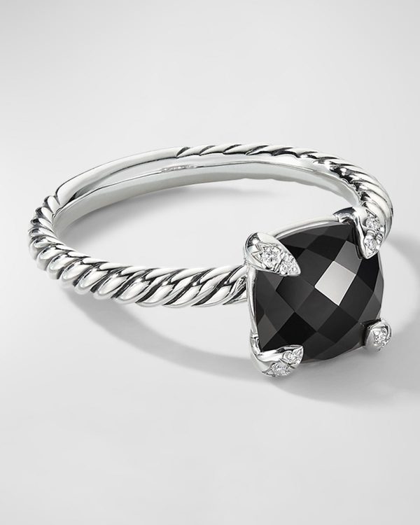 Chatelaine Ring with Black Onyx and Diamonds in Silver, 8mm, Size 10- sku223051074