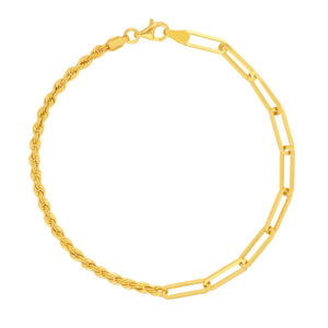 14K Solid Yellow Gold 50/50 Paperclip and Rope Bracelet- BRF62219