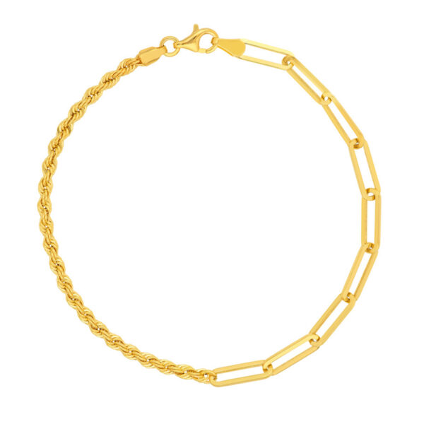 14K Solid Yellow Gold 50/50 Paperclip and Rope Bracelet- BRF62219