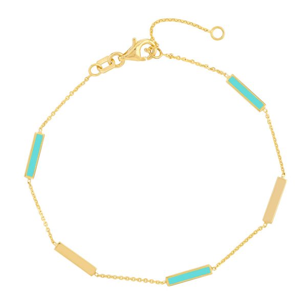 14K Solid Yellow Gold Turquoise Enamel Alternating Bar Station Bracelet- BRF62227