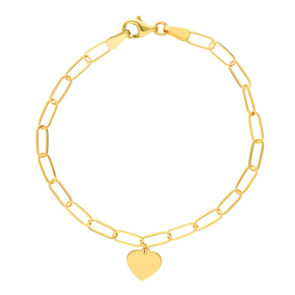 14K Solid Yellow Gold Heart Charm Paper Clip Bracelet- BRF62229