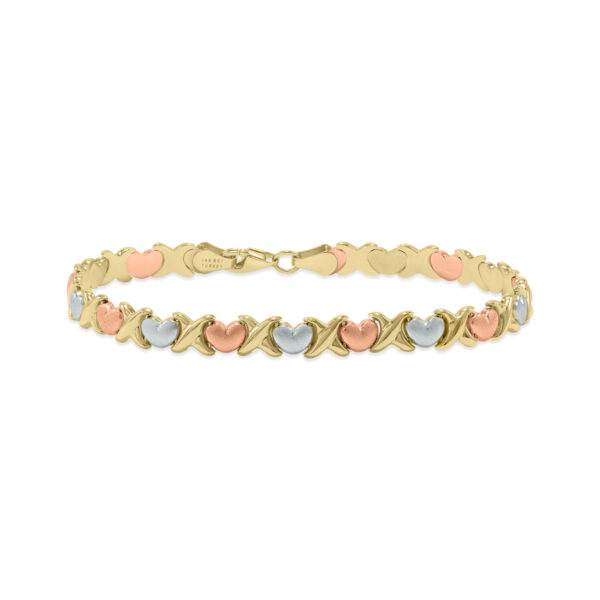 14K Tri-color Gold X & O Heart Stampato Bracelet- BRF62250