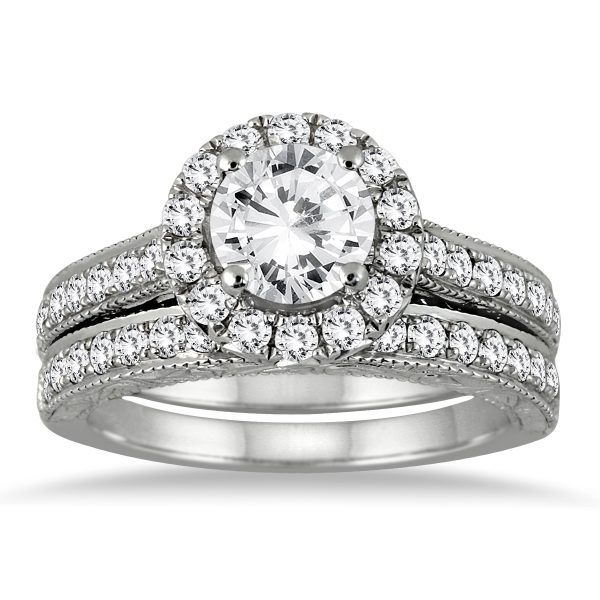AGS Certified 2 Carat TW Diamond Halo Bridal Set in 14K White Gold (J-K Color, I2-I3 Clarity)- BSS50946