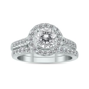 AGS Certified 1 1/2 Carat Diamond Halo Bridal Set in 14K White Gold (I-J Color, I2-I3 Clarity)- BSS51217AGS1