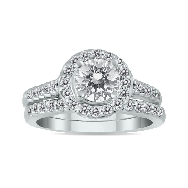AGS Certified 1 1/2 Carat Diamond Halo Bridal Set in 14K White Gold (I-J Color, I2-I3 Clarity)- BSS51217AGS1