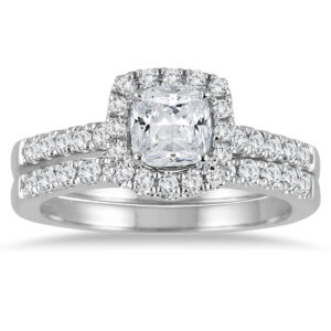 AGS Certified 1 1/2 Carat TW Cushion Cut Diamond Halo Bridal Set in 14K White Gold- BSS51257
