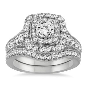 AGS Certified 1 3/8 Carat TW Diamond Halo Bridal Set in 14K White Gold (H-I Color, I1-I2 Clarity)- BSS51449AGS2