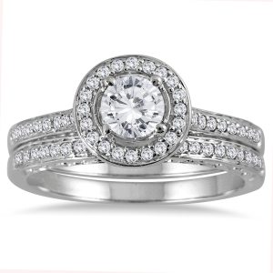7/8 Carat TW Diamond Engraved Halo Bridal Set in 14K White Gold- BSS51935