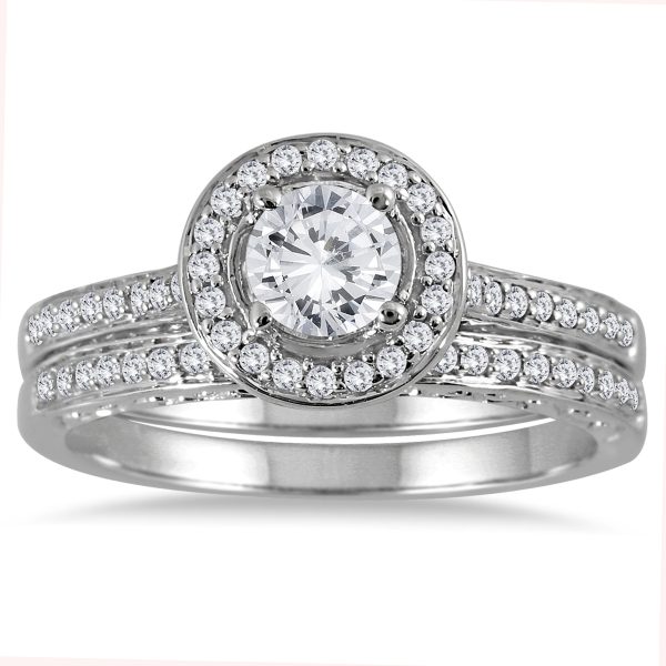 7/8 Carat TW Diamond Engraved Halo Bridal Set in 14K White Gold- BSS51935