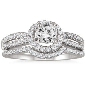 AGS Certified 1 1/5 Carat Diamond Halo Bridal Set in 14K White Gold (H-I Color, I1-I2 Clarity)- BSS51981AGS2