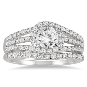AGS Certified 1 1/2 Carat TW Halo Twist Diamond Bridal Set in 14K White Gold (J-K Color, I2-I3 Clarity)- BSS53001