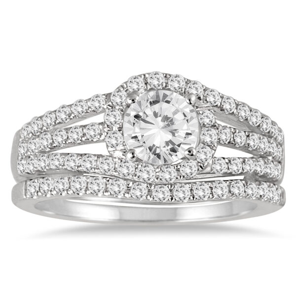 AGS Certified 1 1/2 Carat TW Halo Twist Diamond Bridal Set in 14K White Gold (J-K Color, I2-I3 Clarity)- BSS53001