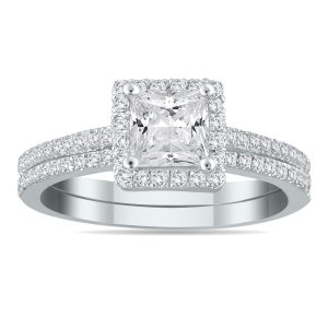AGS Certified 1 1/10 Carat TW Halo Princess Cut Diamond Bridal Set in 14K White Gold- BSS54045