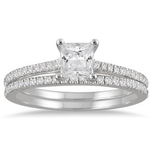 AGS Certified 1 Carat TW Princess Cut Diamond Bridal Set in 14K White Gold- BSS54049