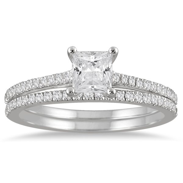 AGS Certified 1 Carat TW Princess Cut Diamond Bridal Set in 14K White Gold- BSS54049