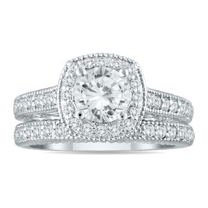 AGS Certified 1 5/8 Carat TW Diamond Halo Bridal Set in 14K White Gold (J-K Color, I2-I3 Clarity)- BSS54055