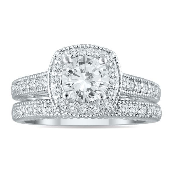 AGS Certified 1 5/8 Carat TW Diamond Halo Bridal Set in 14K White Gold (J-K Color, I2-I3 Clarity)- BSS54055