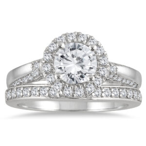 AGS Certified 1 2/3 Carat TW Diamond Halo Bridal Set in 14K White Gold (J-K Color, I2-I3 Clarity)- BSS55119