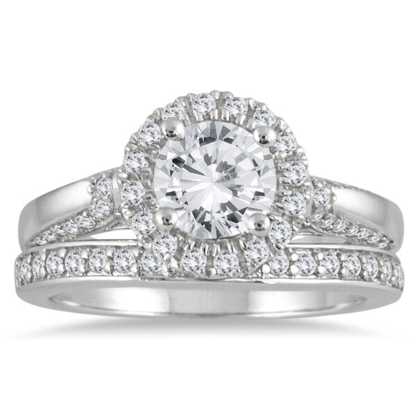AGS Certified 1 2/3 Carat TW Diamond Halo Bridal Set in 14K White Gold (J-K Color, I2-I3 Clarity)- BSS55119