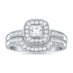 5/8 Carat TW Halo Princess Cut Diamond Bridal Set in 10K White Gold- BSS55229