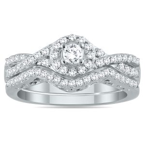 3/4 Carat TW Diamond Twist Halo Bridal Set in 10K White Gold- BSS55233