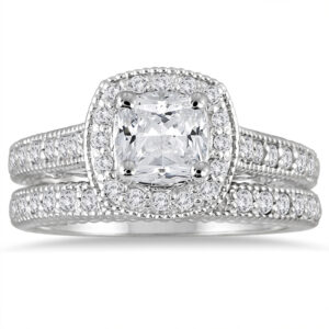 AGS Certified 1 5/8 Carat TW Cushion Diamond Halo Bridal Set in 14K White Gold- BSS55352