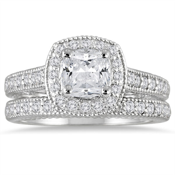 AGS Certified 1 5/8 Carat TW Cushion Diamond Halo Bridal Set in 14K White Gold- BSS55352