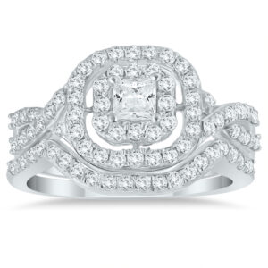 1 CTW Double Row Halo Princess Diamond Ring in 10K White Gold- BSS56006D