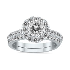 AGS Certified 2 Carat TW Diamond Halo Bridal Set in 14K White Gold (J-K Color, I2-I3 Clarity)- BSS56180