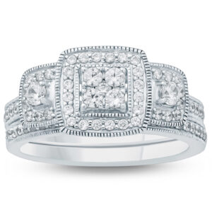 3/4 Carat TW Diamond Halo Bridal Set in 10K White Gold- BSS57453