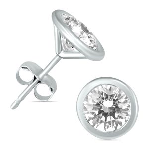 1 Carat TW AGS Certified Bezel Diamond Solitaire Stud Earrings in 14K White Gold- ERF58490