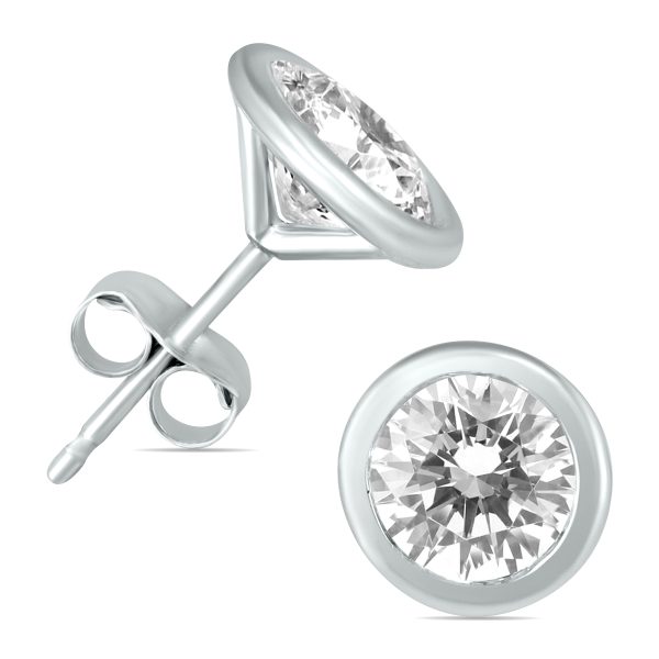 1 Carat TW AGS Certified Bezel Diamond Solitaire Stud Earrings in 14K White Gold- ERF58490