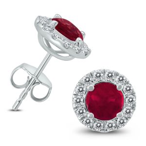 Genuine 1 3/4 Carat TW Ruby And Diamond Halo Earrings in 14K White Gold- ERF59343RB