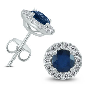 Genuine 1 3/4 Carat TW Natural Sapphire And Real Diamond Halo Earrings in 14K White Gold- ERF59343SP