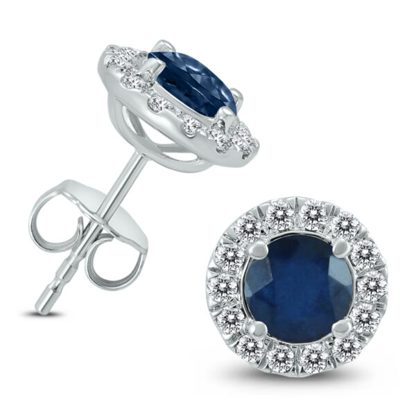 Genuine 1 3/4 Carat TW Natural Sapphire And Real Diamond Halo Earrings in 14K White Gold- ERF59343SP