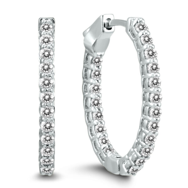1 Carat TW Oval Diamond Hoop Earrings with Push Button Locks in 14K White Gold- ERF59961D
