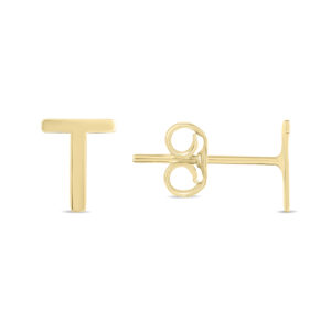 14K Solid Yellow Gold Initial T Stud Earrings- ERF62170
