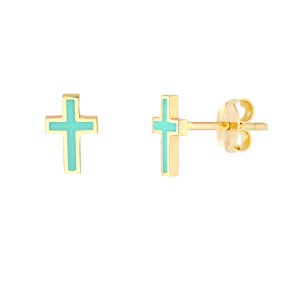 14K Yellow Gold Turquoise Enamel Cross Stud Earrings- ERF62223