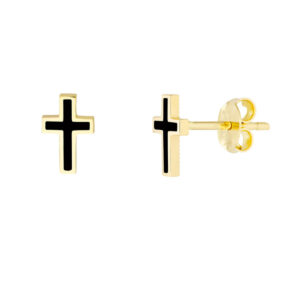 14K Yellow Gold Black Enamel Cross Stud Earrings- ERF62225