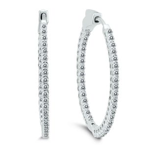 1 CTW Oval Genuine Diamond Hoop Earrings with Push Button Lock in 10K White Gold- ERH55415