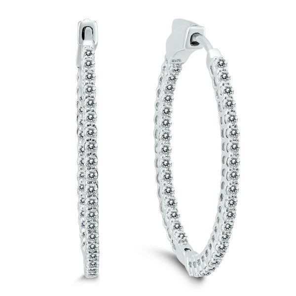 1 CTW Oval Genuine Diamond Hoop Earrings with Push Button Lock in 10K White Gold- ERH55415