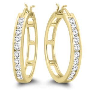 AGS Certified 1 Carat TW Diamond Hoop Earrings in 10k Yellow Gold (K-L Color, I2-I3 Clarity)- ERH57541