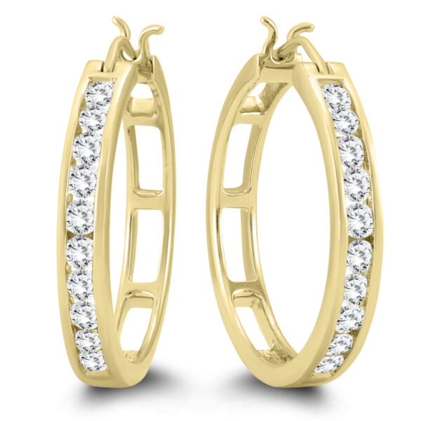AGS Certified 1 Carat TW Diamond Hoop Earrings in 10k Yellow Gold (K-L Color, I2-I3 Clarity)- ERH57541