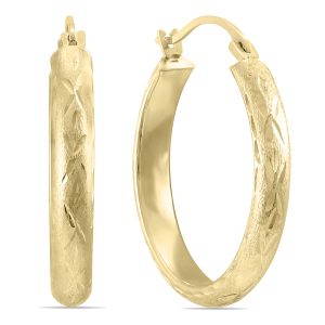 14K Yellow Gold Brushed Hoop Earrings with Diamond Cut Engraving (20mm)- ERH60451