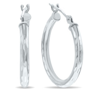 14K White Gold Shiny Diamond Cut Engraved Hoop Earrings (20mm)- ERH60939
